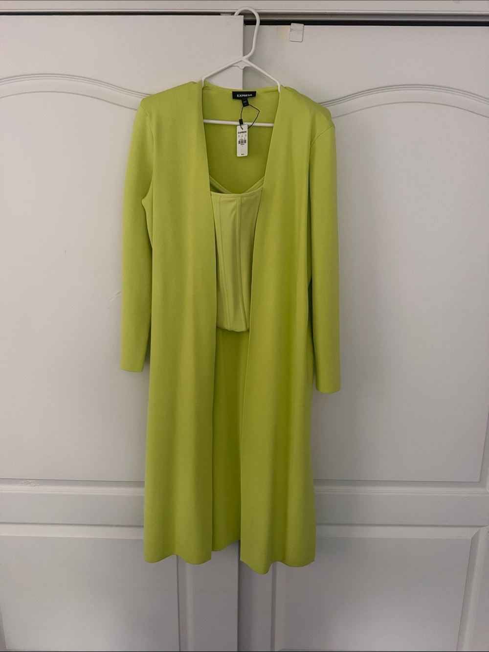 Express Chartreuse Long Sleeve Open-Front lightweight sweater with corset top